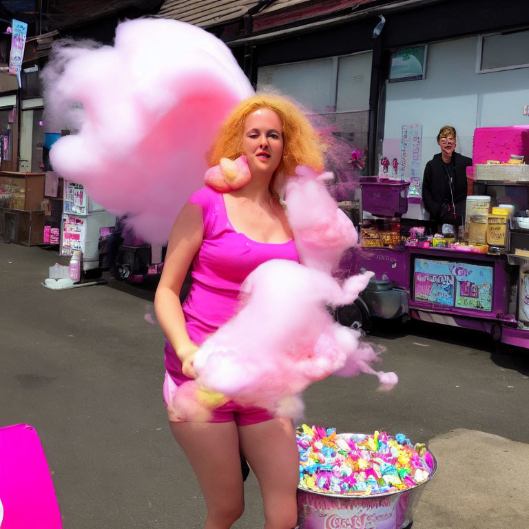 Colorful Sweet Stall with Woman and Cotton Candy Stand