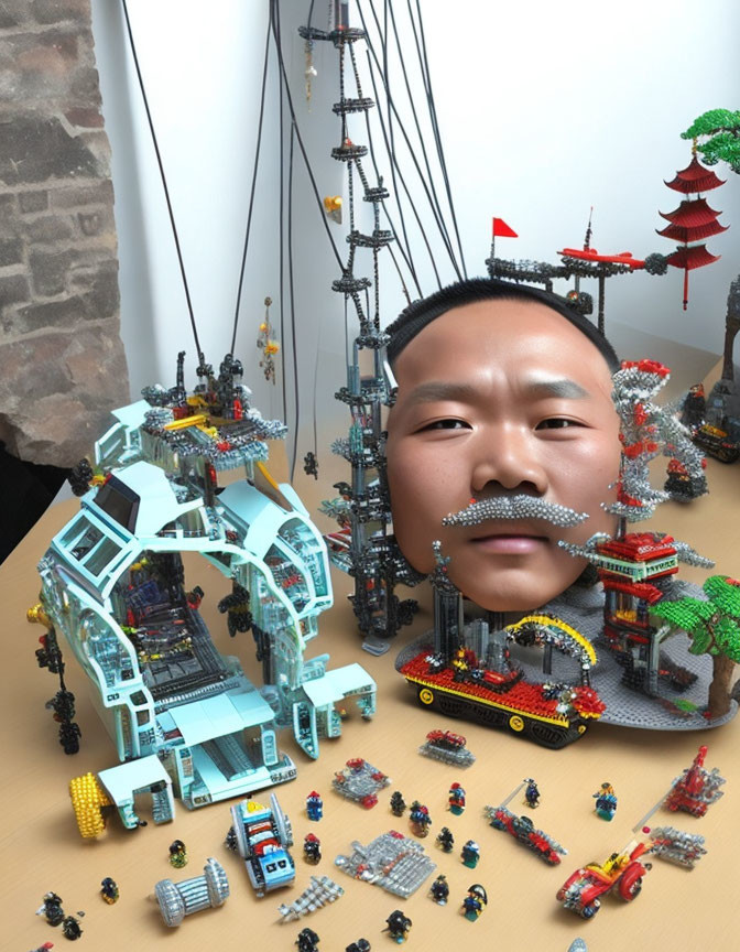 Head emerging from LEGO table with bridge, vehicles, and Asian buildings