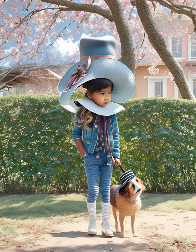 Child and dog with oversized hats by cherry blossom tree and pink house