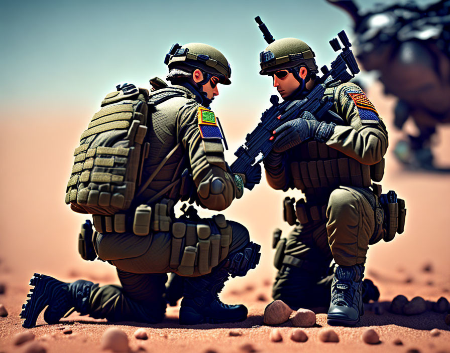 Toy soldiers with rifles kneeling in desert simulation.