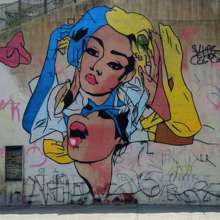 Colorful urban graffiti of overlapping female faces with bold lines in blue, yellow, and pink.