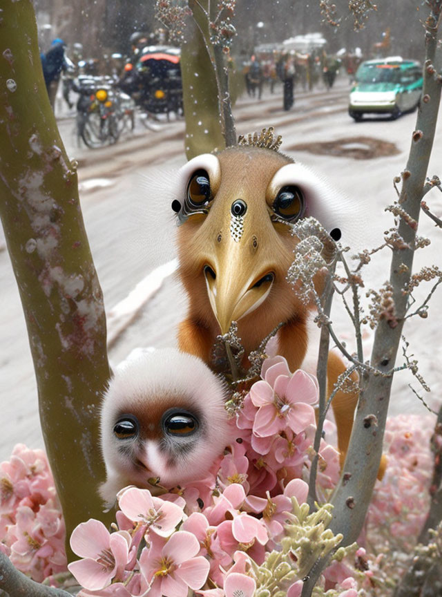 Surreal composite image: Owl-like creatures in pink cherry tree with city background