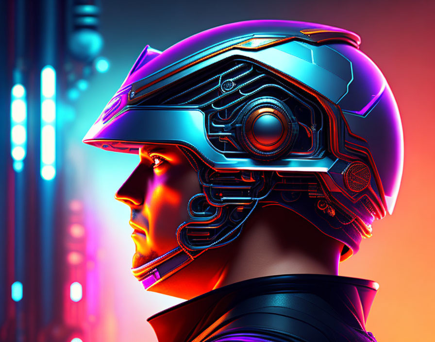 Futuristic helmet with neon lights on vibrant backdrop