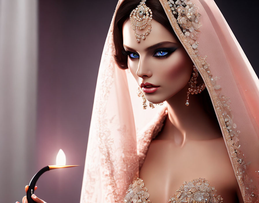 Digital artwork: Woman with dramatic makeup, embellished veil, jewelry, and lit candle