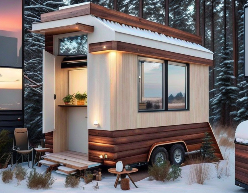 Compact Mobile Home in Snowy Forest Clearing at Dusk