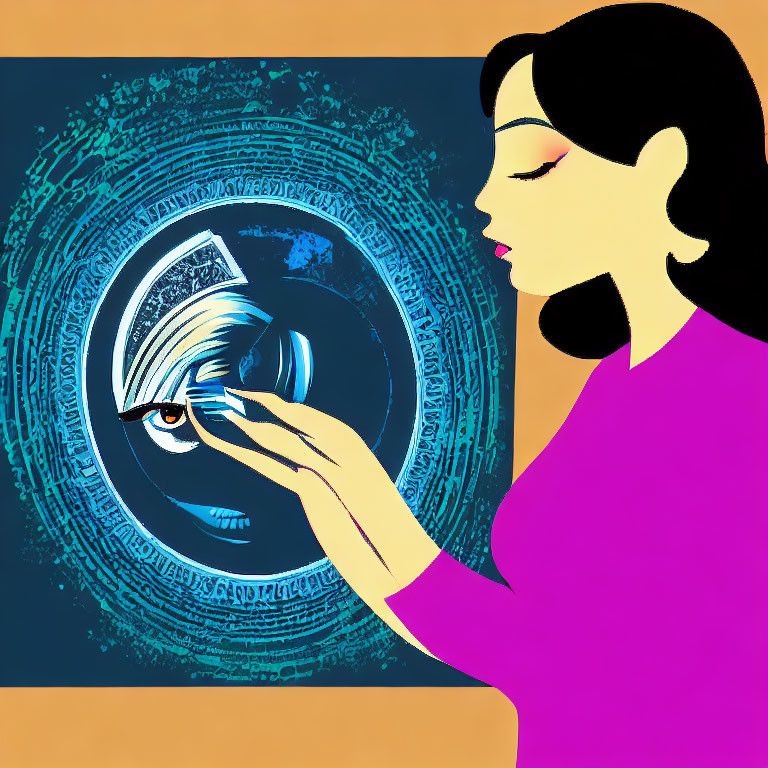 Illustrated woman interacting with futuristic digital interface.