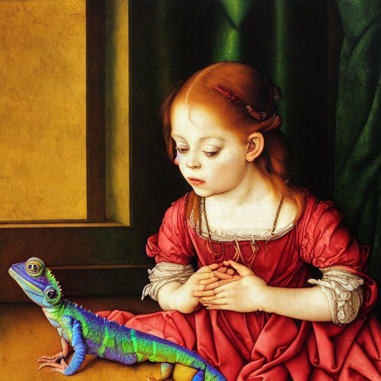 Young girl in red dress watching colorful chameleon by window ledge