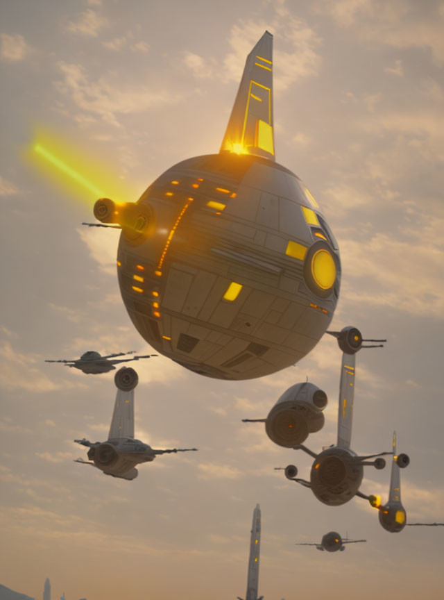 Spherical spaceship with illuminated detailing flanked by smaller fighter craft under hazy sky