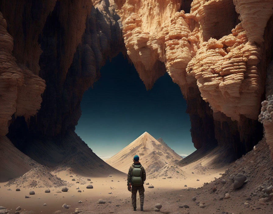 Astronaut in spacesuit in rocky canyon with pyramid mountain under hazy sky