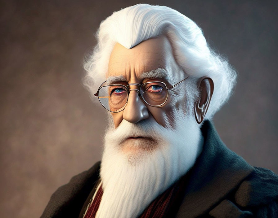 Illustration of wise old man with white hair, beard, glasses, red scarf, and dark coat