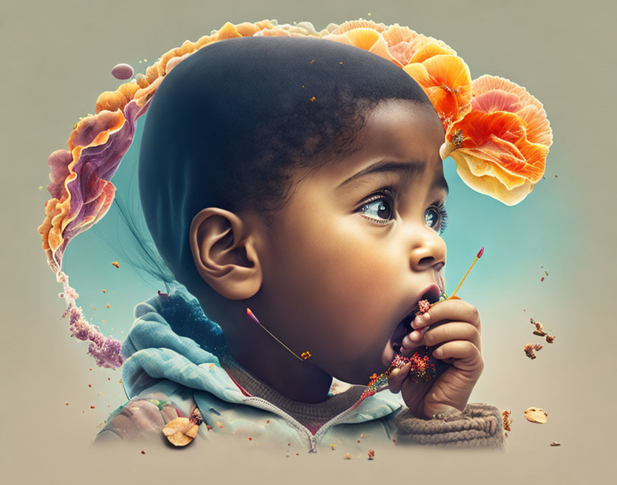 Toddler blowing dandelion with colorful flower explosion