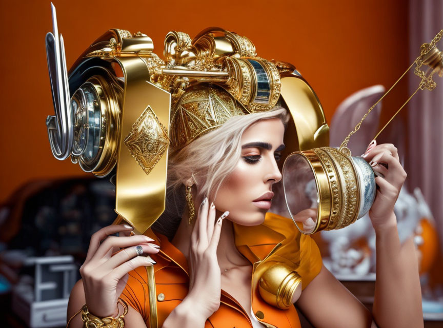 Elaborate Gold Sci-Fi Helmet Woman with Teapot on Futuristic Orange Background