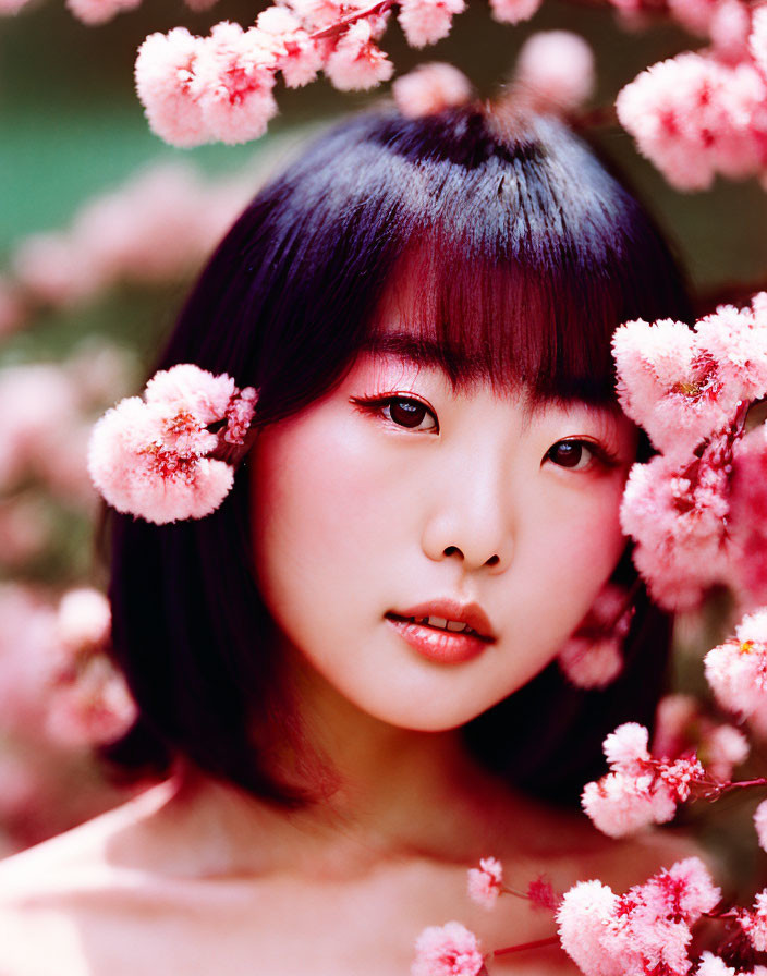 Woman with Bob Haircut Surrounded by Pink Blossoms and Subtle Makeup