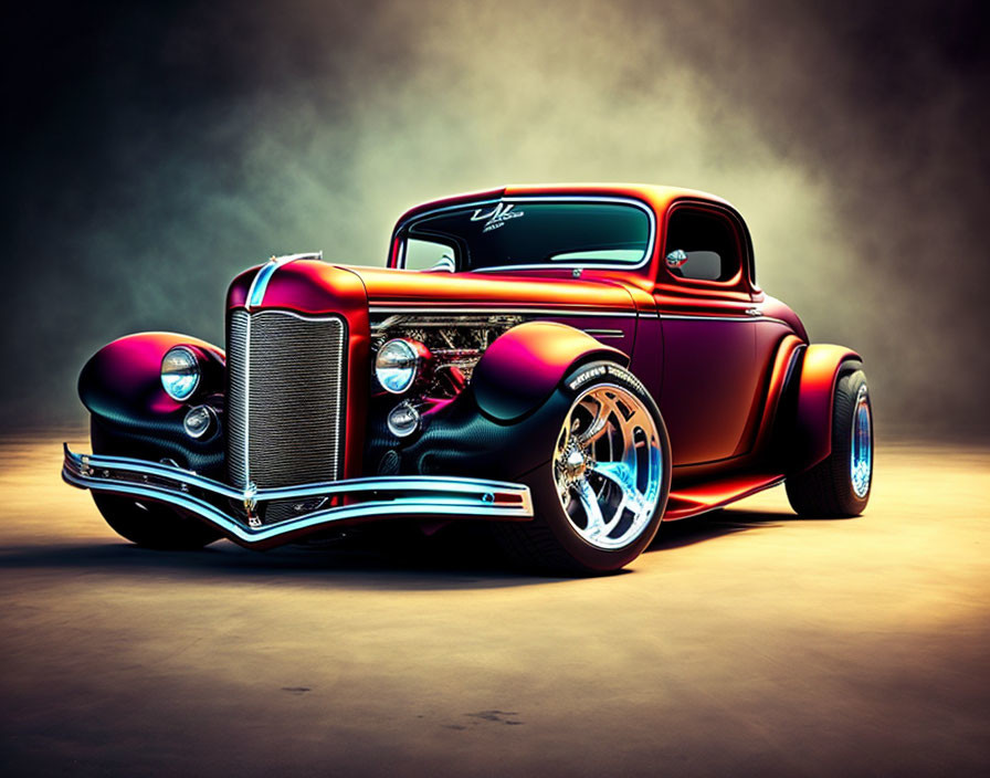 Custom Hot Rod with Purple & Black Paint, Chrome Wheels, Exposed Engine, Vintage Styling &