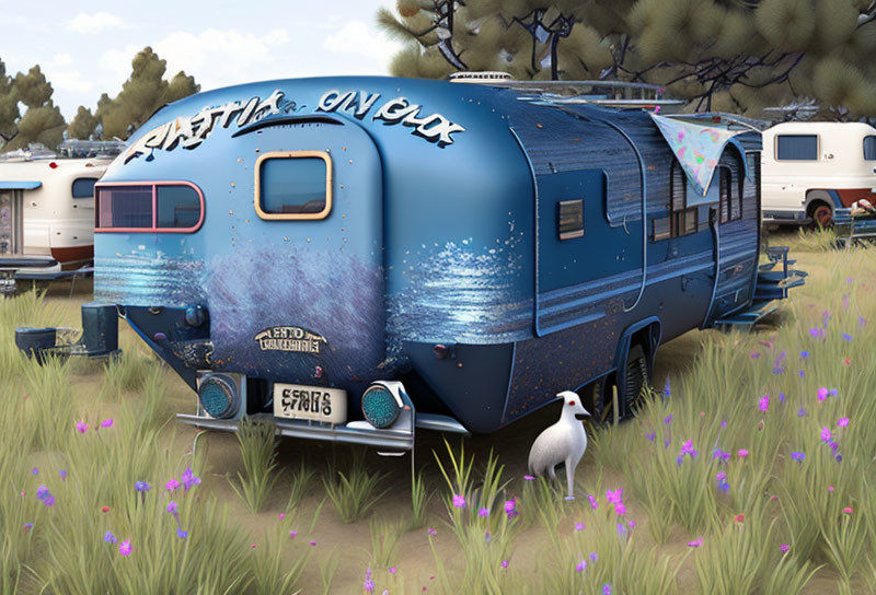 Eclectic vintage blue caravan in pine tree clearing with wildflowers and white bird