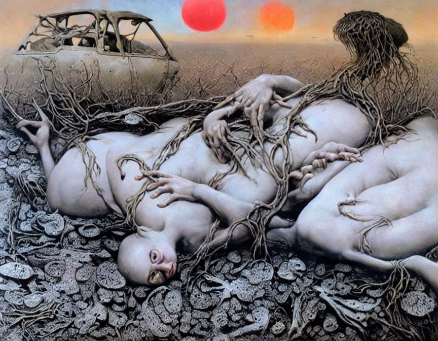 Surreal artwork: Human figures, roots, vines, decaying car, two suns