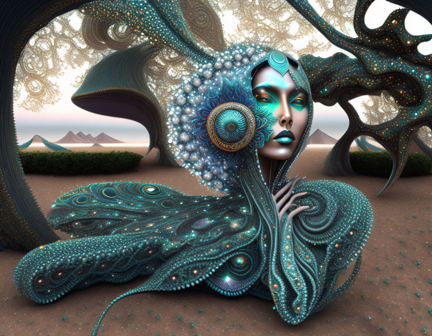 Surreal digital artwork: fractal-adorned female figure in desert landscape