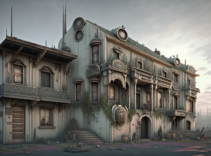 Decaying abandoned building with art deco elements under gloomy sky