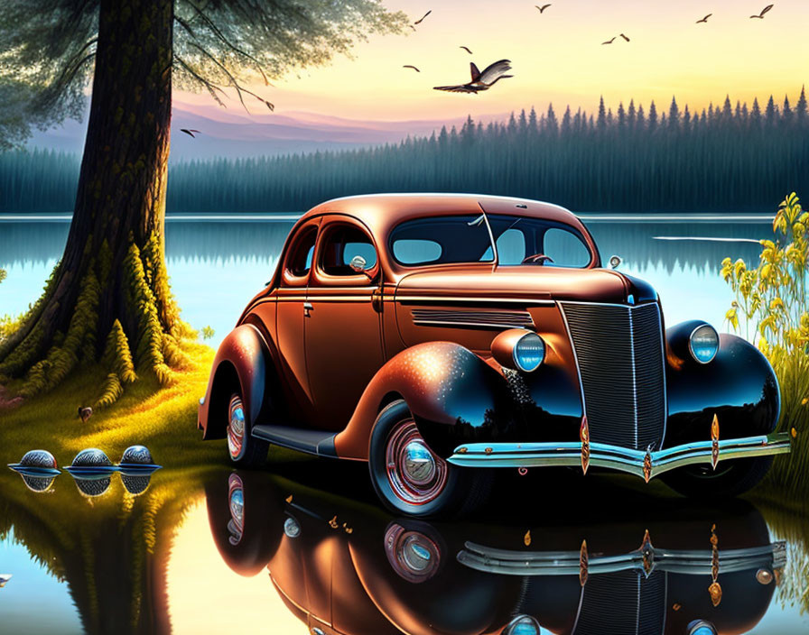 Vintage car by serene lake at sunset with trees, birds, and reflection.