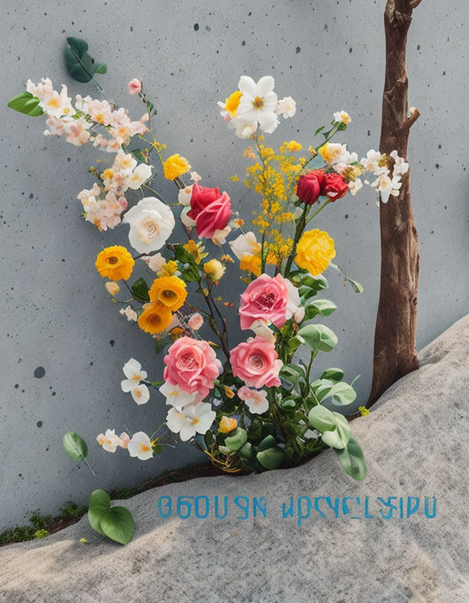 Colorful artificial flowers on branch against grey concrete backdrop with "Life is Beautiful" text upside down