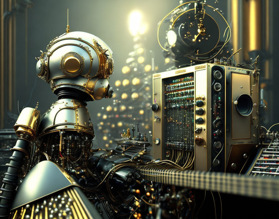 Steampunk-inspired robot among intricate brass details and machinery