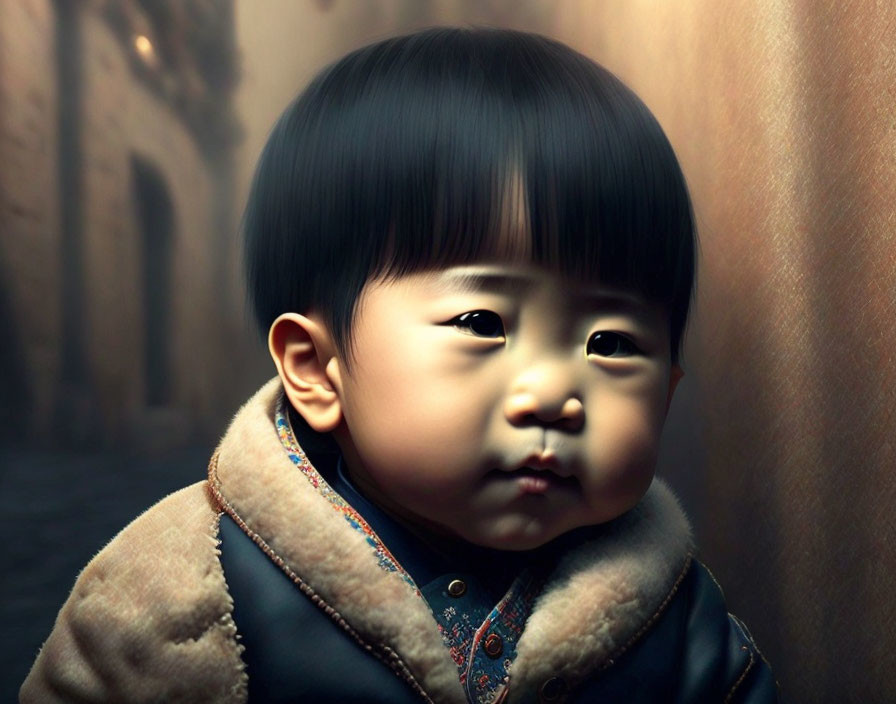 Child in brown jacket with bowl haircut gazes in alleyway