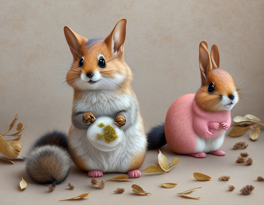 Anthropomorphic squirrels with dandelion in hand on beige backdrop