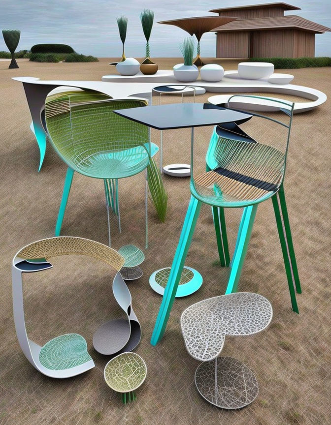 Contemporary Teal and Beige Geometric Outdoor Furniture on Patio