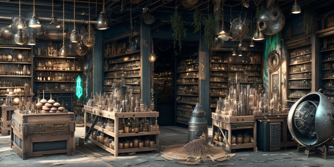 Vintage potion shop with shelves of bottles, books, and magical artifacts