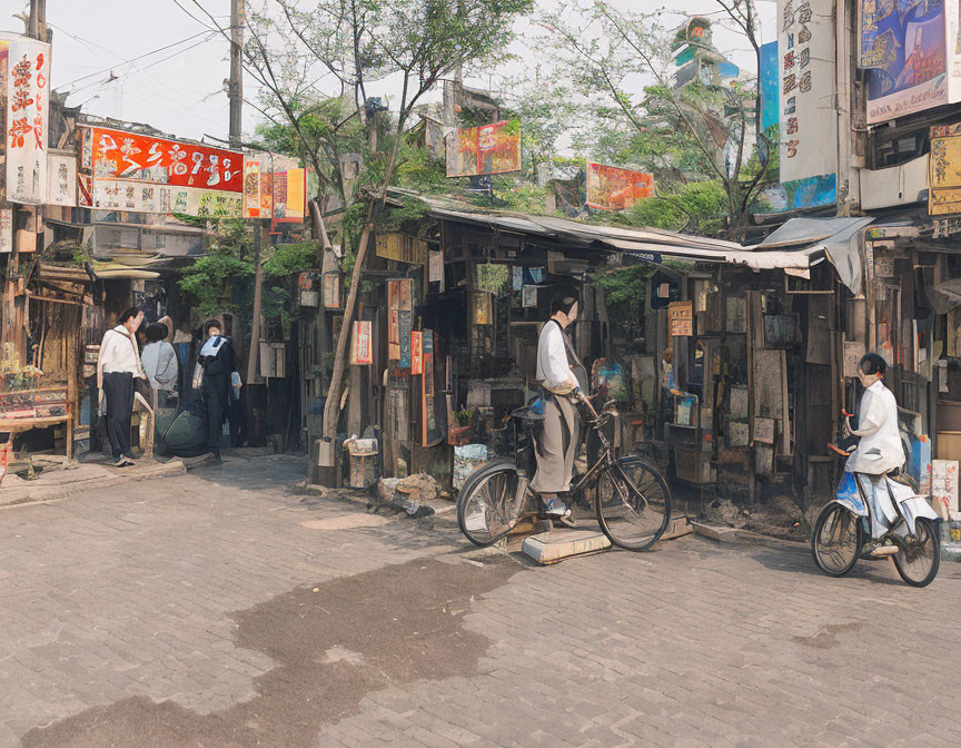 Busy Asian urban street corner with people, bicycles, rustic shops, signs.