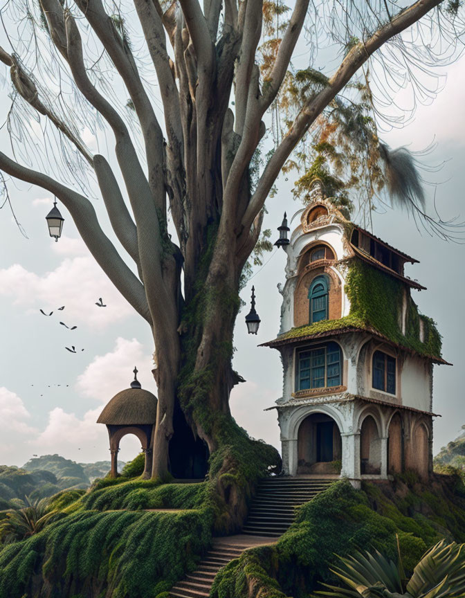 Enchanted house embraced by a large tree in lush setting