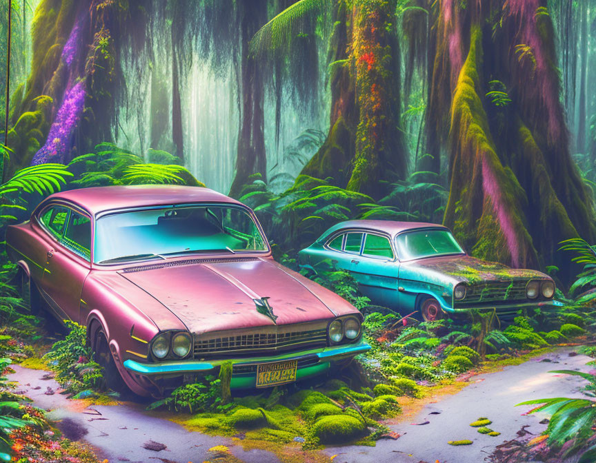 Abandoned vintage cars in misty forest with greenery & sunlight