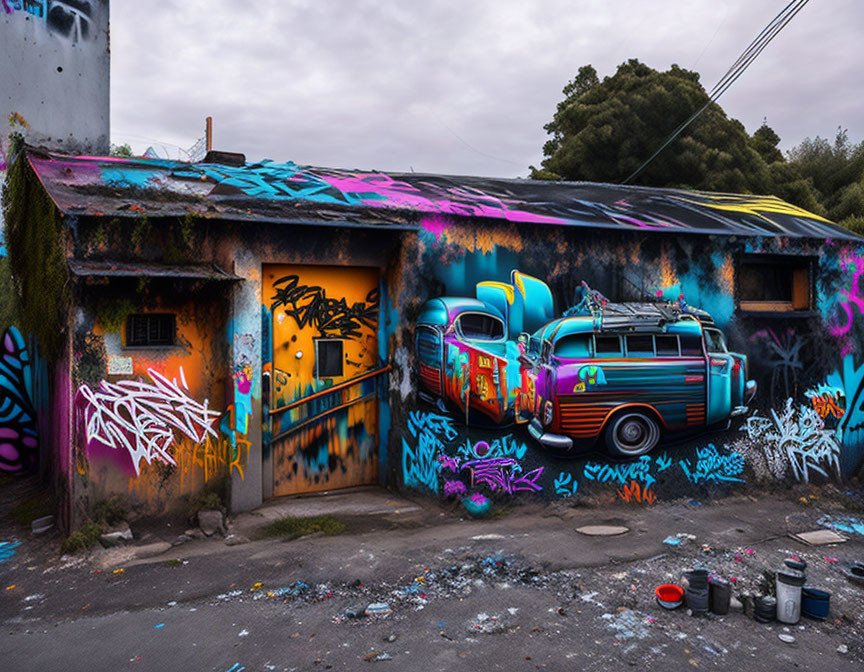 Colorful bus graffiti art blending with surroundings on building wall