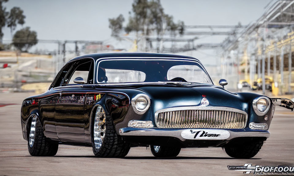 Classic Black Car with Chrome Wheels and Custom Mods on Asphalt with Racing Track Background