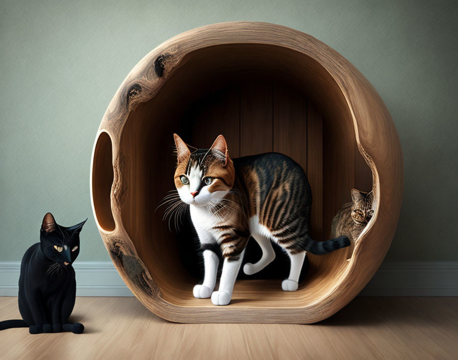 Three Cats Near Wooden Spherical Structure: One Inside, One Exiting, Black Cat Sitting