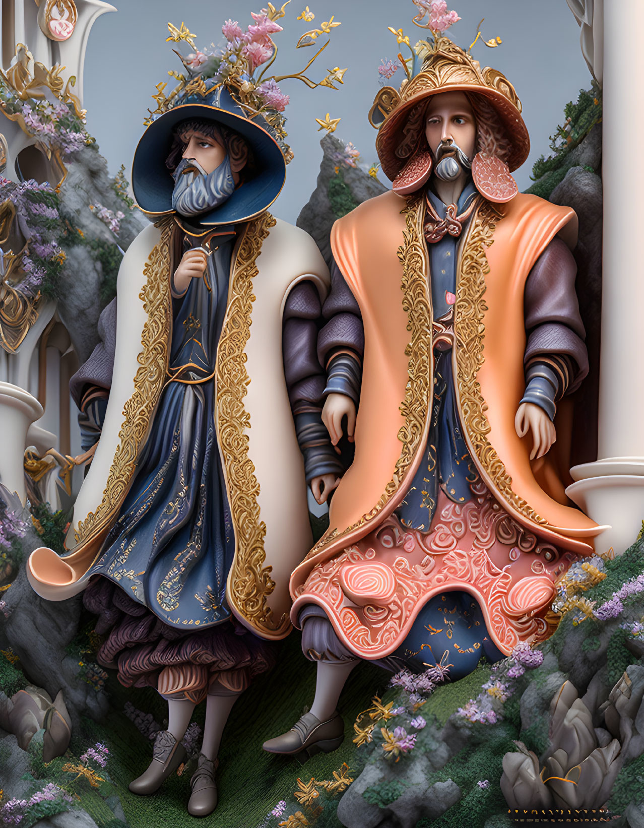 Stylized characters in ornate medieval clothing with detailed embroidery and floral backdrop.