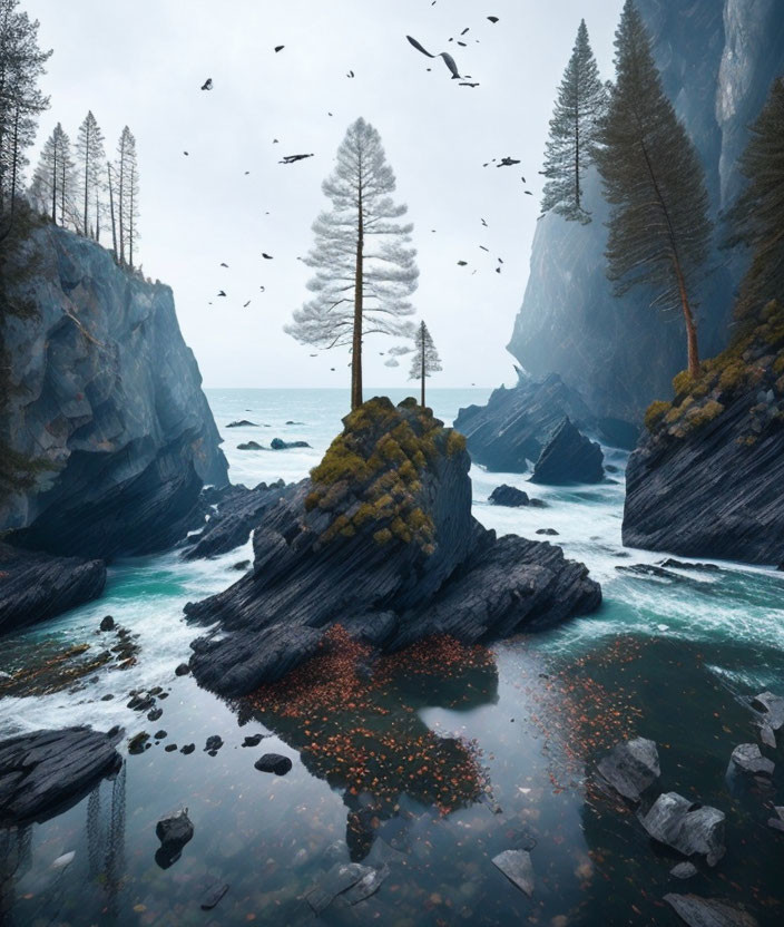 Misty coastal cove with rocky islet, trees, birds, and calm waters