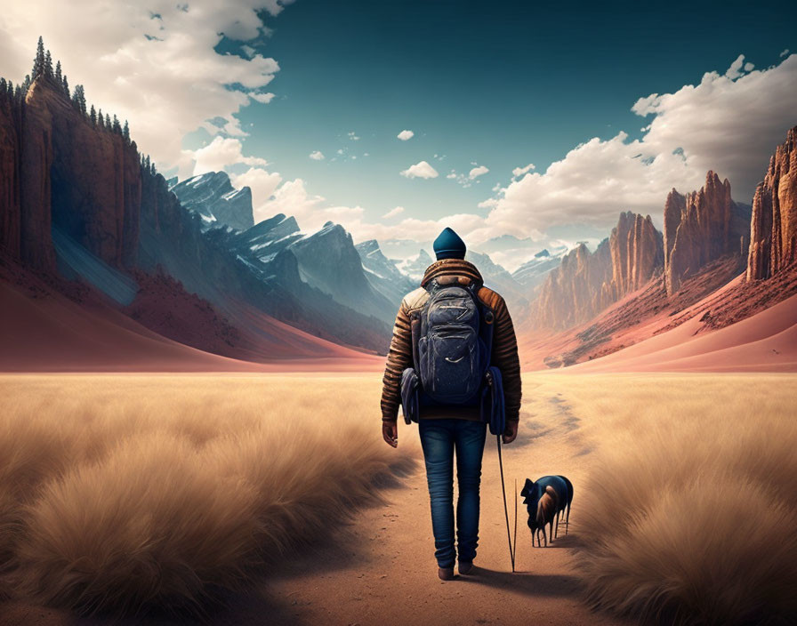 Hiker with backpack and dog on sandy path between cliffs and mountains