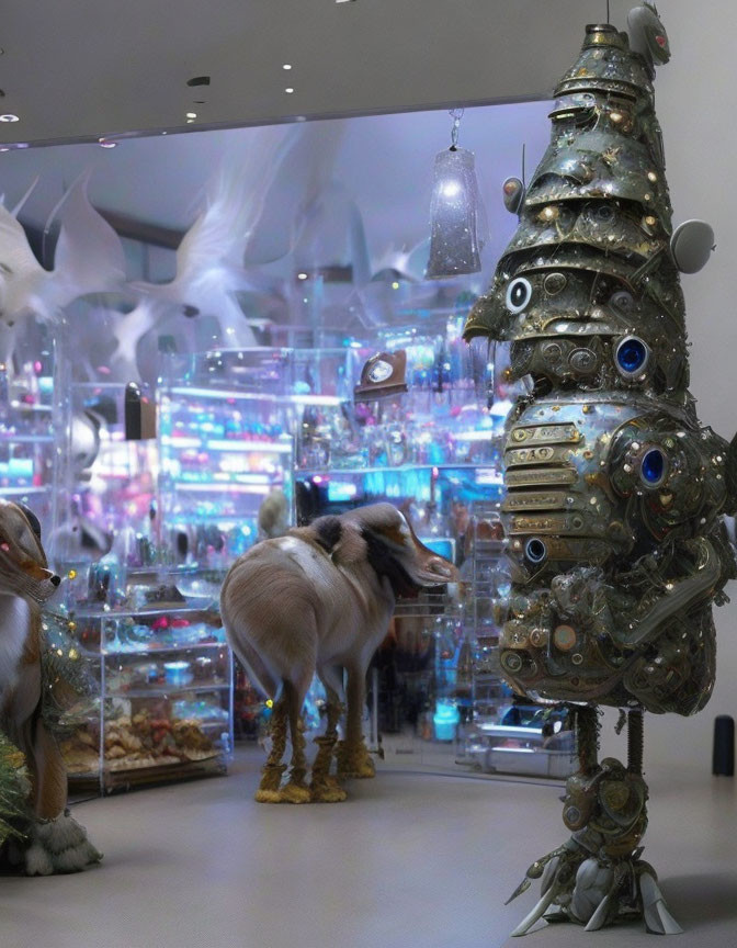 Colorful Items and Fantastical Creatures in Room with Robotic Figure