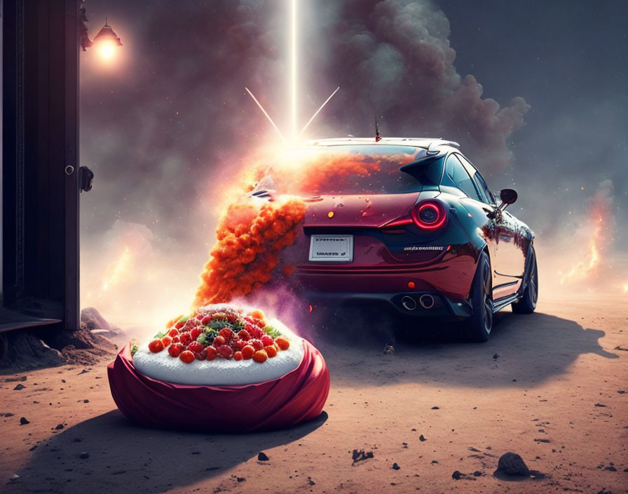 Whimsical car exhaust spewing fiery pizza on beanbag