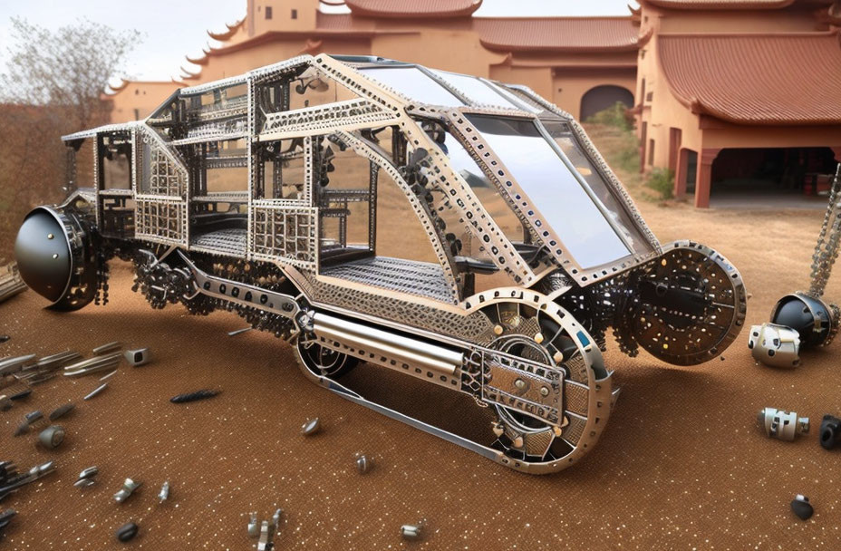 Steampunk-style vehicle with large spherical wheels and intricate metalwork near traditional building.