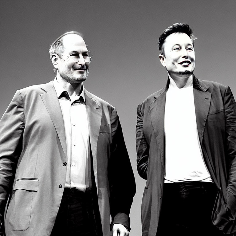 Two men in business attire smiling under dramatic spotlight