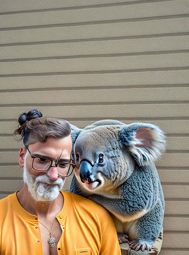 Man with glasses and top knot hairstyle edited with large koala on shoulder against beige background