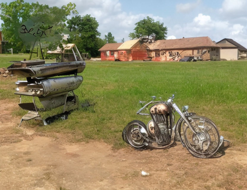 Rusty motorcycle and boat in grassy field with buildings