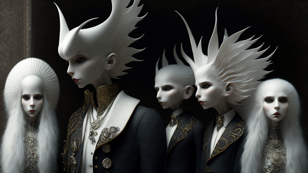 Enigmatic Figures in Elaborate White Headdresses and Dark Clothing