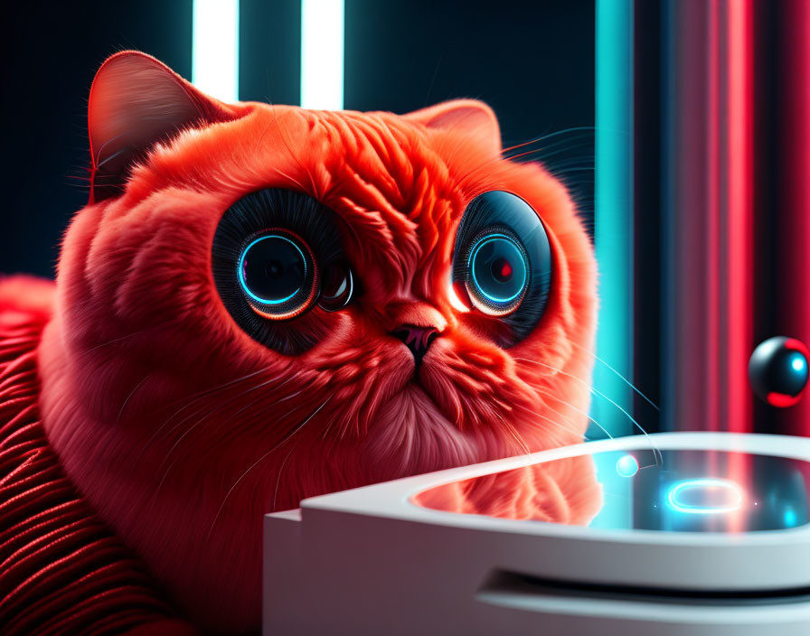 Orange Tabby Cat with Large Eyes and Futuristic Device in Neon Light