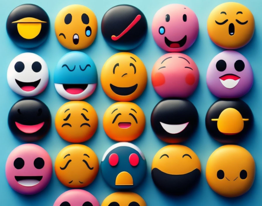 Colorful 3D emoticon balls with various expressions on blue background