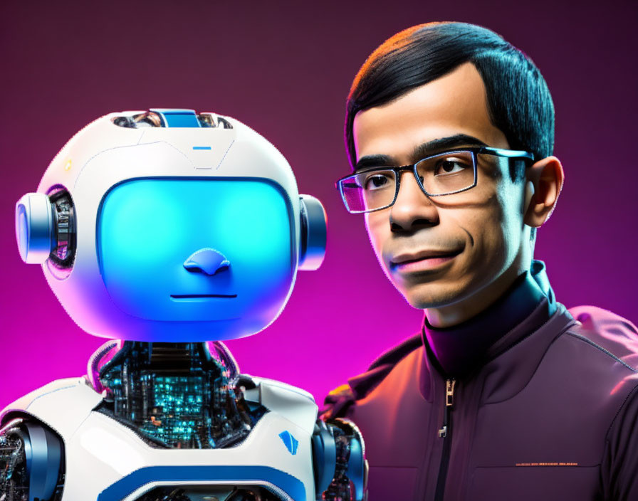 Person with Glasses Standing Next to Futuristic Robot on Purple Background