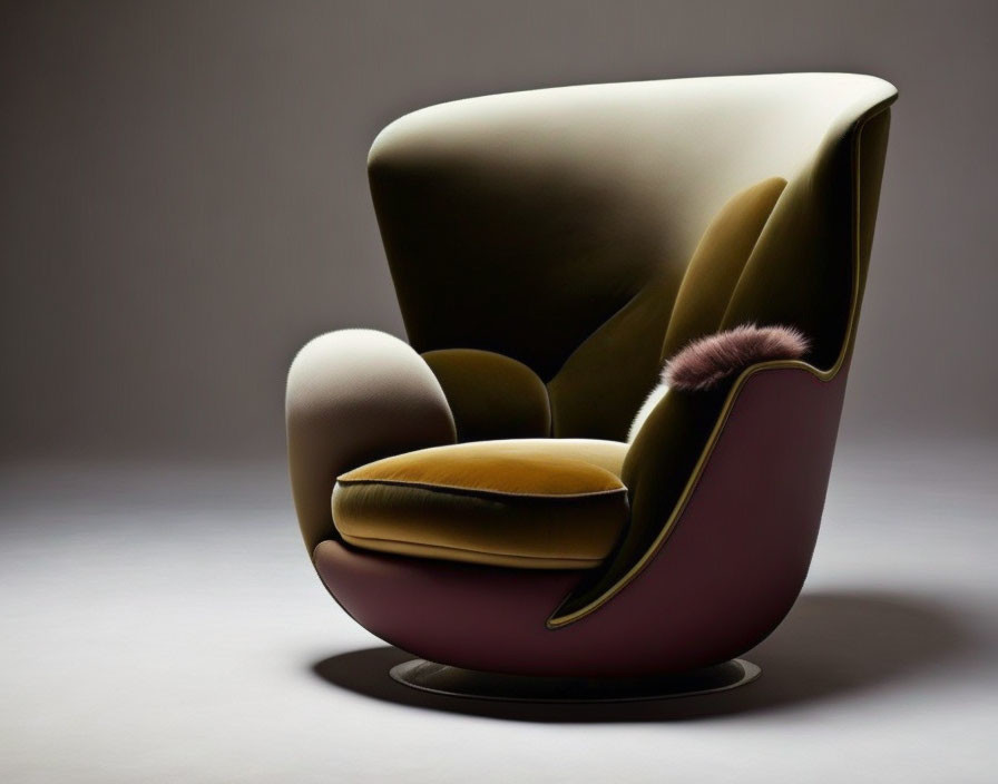 High-back modern armchair in dark plum and muted gold colors with plush seat and furry accent.