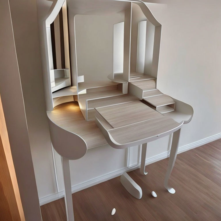 Modern minimalist wooden vanity desk with unique mirror design & sleek stool against neutral wall & warm-toned flooring